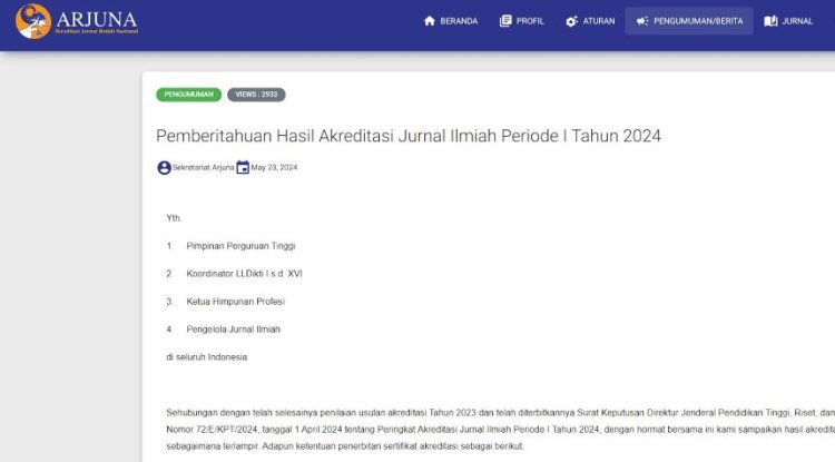 Kabar Gembira, Pemberitahuan Hasil Akreditasi Jurnal Ilmiah Periode I Tahun 2024